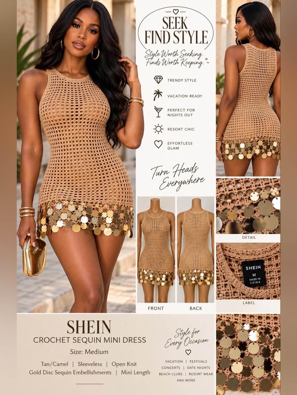 TitleSHEIN Gold Sequin Disc Crochet Mini Dress Tan Sleeveless Size Medium